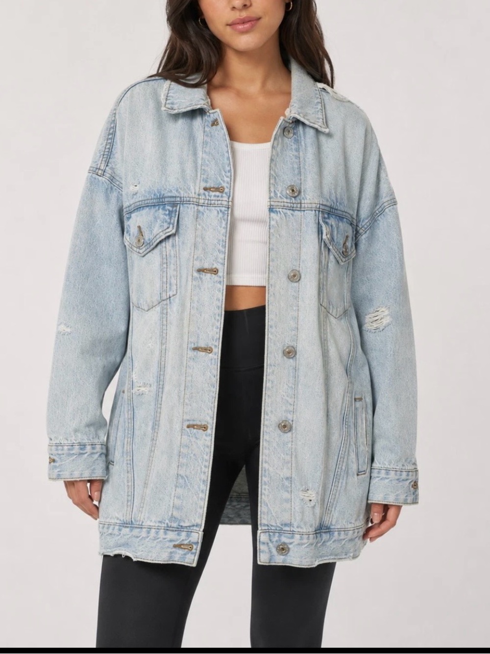 American Eagle Light Wash Oversized distressed long line Denim Jacket